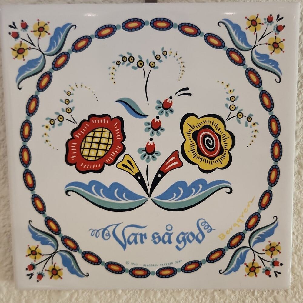 Vintage 1963 Berggren Trayner Swedish Folk Art Tile Trivet 6x6